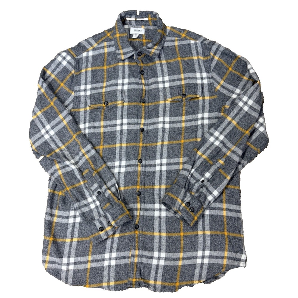 Sonoma MEN'S L Cotton Flannel Shirt Yellow W/ GREY Plaid Button Up Pockets